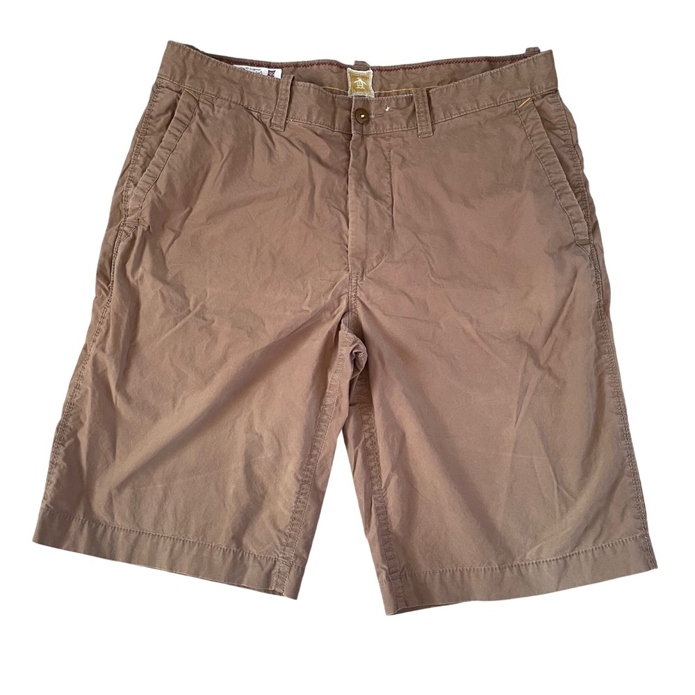 Original Penguin Men Flat Front Shorts 36 Brown Casual Classic Golf Bermuda